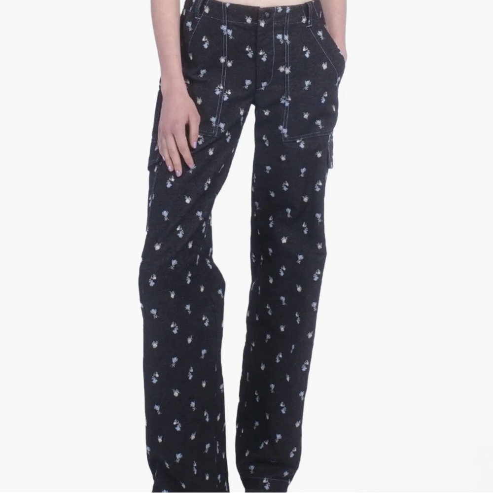 Anna Sui Denim Embroidered Roses Cargo Pants (NWT) - Picture 3 of 10